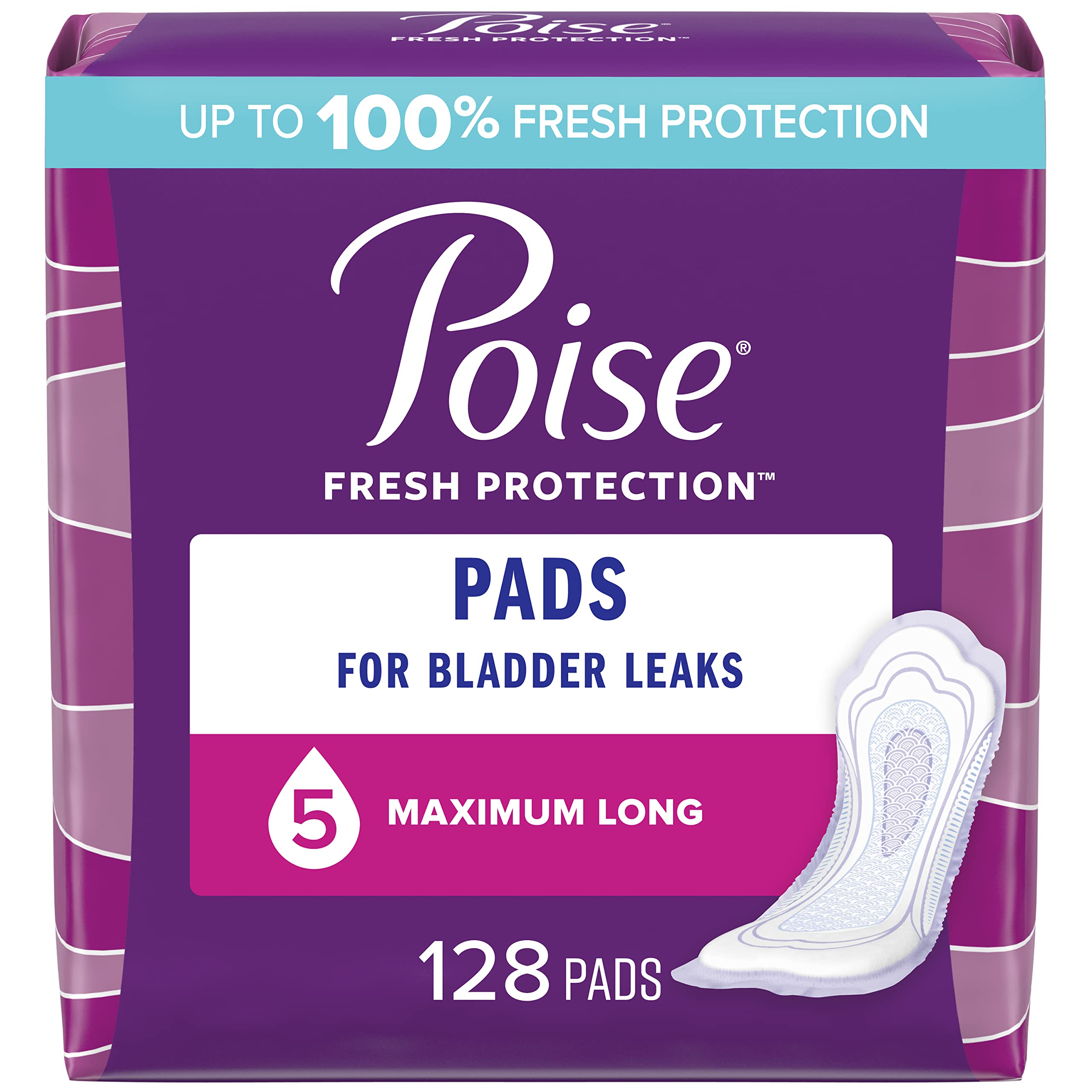 Poise Incontinence Pads & Postpartum Incontinence Pads, 5 Drop Maximum Absorbency, Long Length, 128 Count (2 Packs of 64), Packaging May Vary